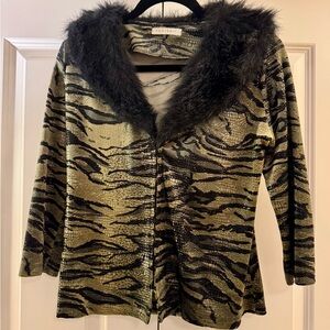 Portrait Green & Black Animal Print Blouse-Jacket with Faux Fur Collar